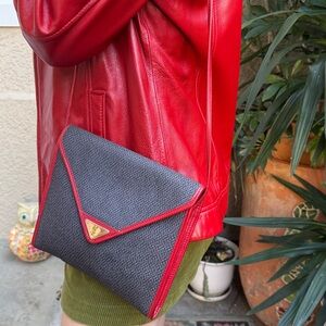 Vintage Yves Saint Laurent Dark Gray Woven Coated Canvas Bag with Red Trim